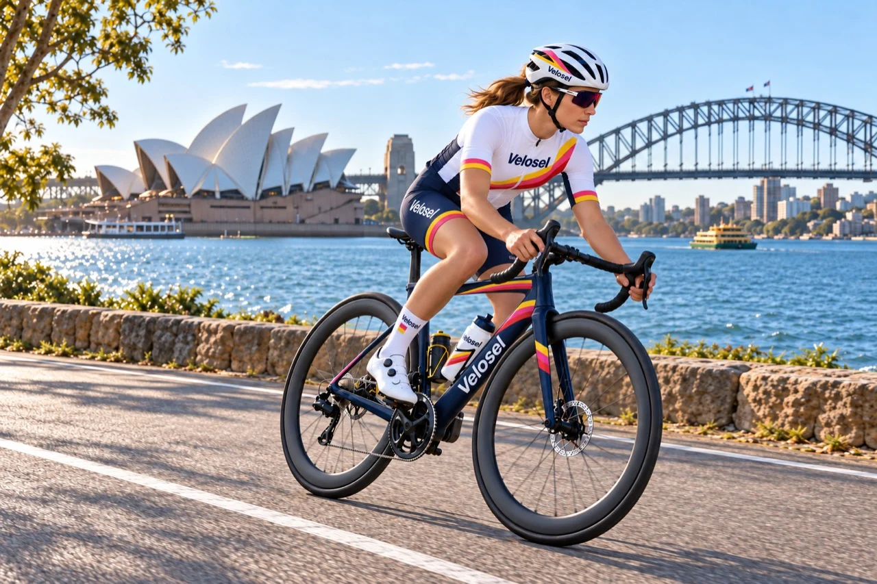 Velosel female cyclist riding carbon wheels beside Sydney Harbour